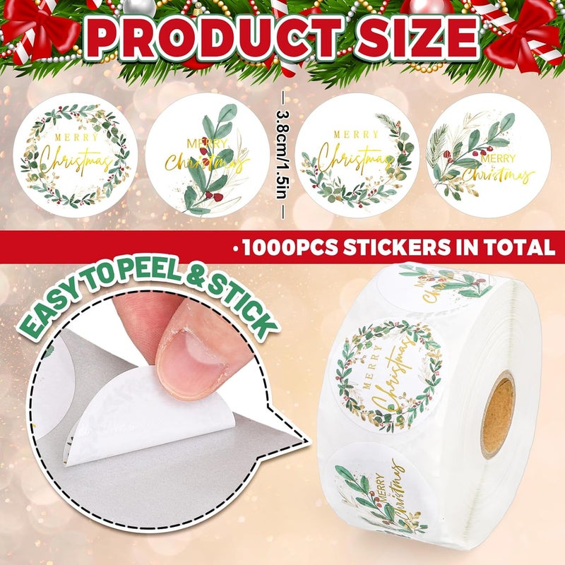 Whaline 1000Pcs Merry Christmas Gold Foil Stickers Roll Holly Berry Watercolor Seal Stickers Xmas Greenery Self-Adhesive Decals for Envelope Journal Party Decor, 4 Designs - Image 2